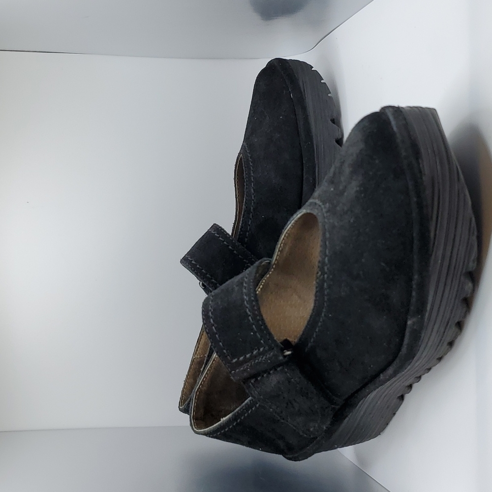 Fly London womens suede raji Mary Jane low heel wedge black loafers 39 sz 8/8.5